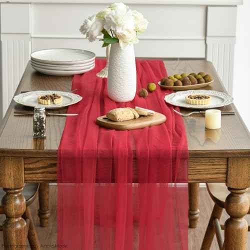 Artoid Mode Red Gauze Table Runner 120 Inch 10FT, Seasonal Sheer Kitchen Dining Holiday Wedding Birthday Baby Shower Table Decor for Home Party