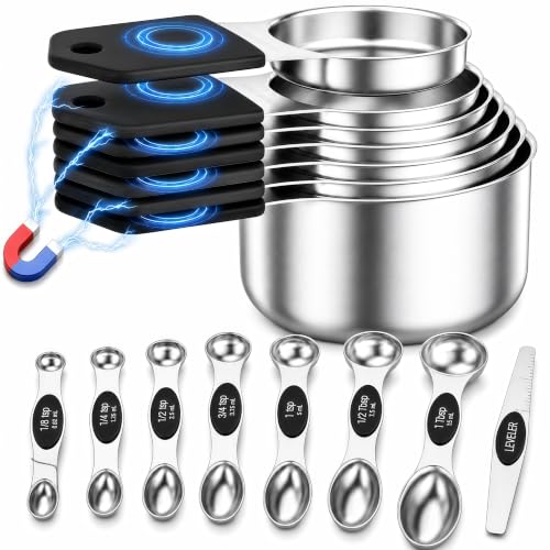 Black Magnetic Measuring Cups and Spoons Set - 15 pcs Stainless Steel Kitchen Utensils
