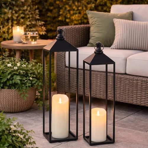 Large Outdoor Indoor Lantern Set of 2 - 22in & 19in Black Modern Top Flameless Candles