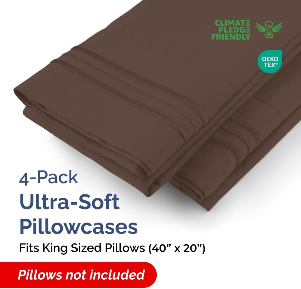 King Pillow Cases by [Brand Name] - Ultra Soft Hotel Quality Covers | Cozy, Wrinkle-Free & Fade Resistant - 4 Piece Set in Brown