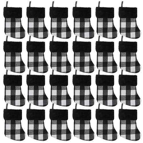 Mini Christmas Stockings 7 inch 24pcs, Buffalo Check and Plush Stocking Cuffs Composition Christmas Stockings, Christmas Hamging Decorations