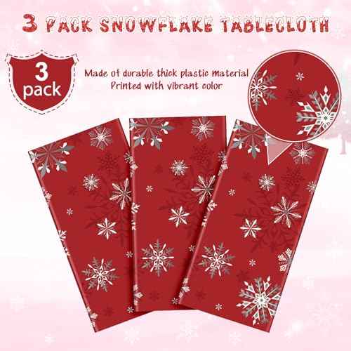 3 Pack Red Christmas Snowflake Plastic Tablecloth Decorations, Red and White Snowflake Christmas Disposable Table Cover for Winter Christmas Holiday New Year Party Supplies Decorations, 54 x 108 Inch