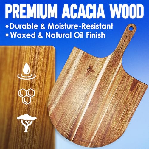 KitchenStar 16-Inch Wooden Pizza Peel - Extra Large Acacia Paddle for Pizza & Serving, Handled Pizza Board