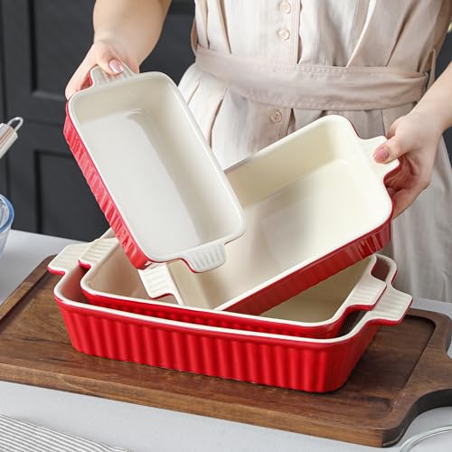 MALACASA Red Ceramic Casserole Dishes Set of 4 with Handles – Rectangular Bakeware