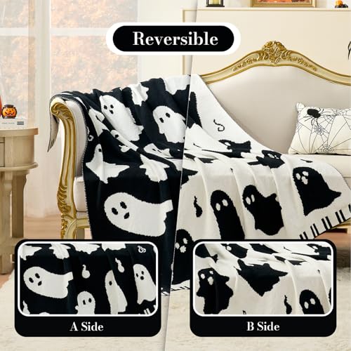 Halloween Ghost Throw Blanket - Black & White 50x60 Inch Chenille Cozy Sofa Decor