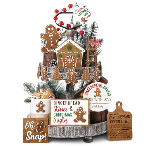 GlikCeil Gingerbread Style Christmas Tiered Tray Decor Set - Rustic Wooden Signs, 20 Pieces