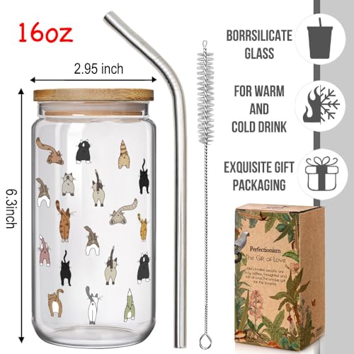 Cat Mom Glass Cup 16oz with Lid & Straw – Cute Cat Themed Gift for Women