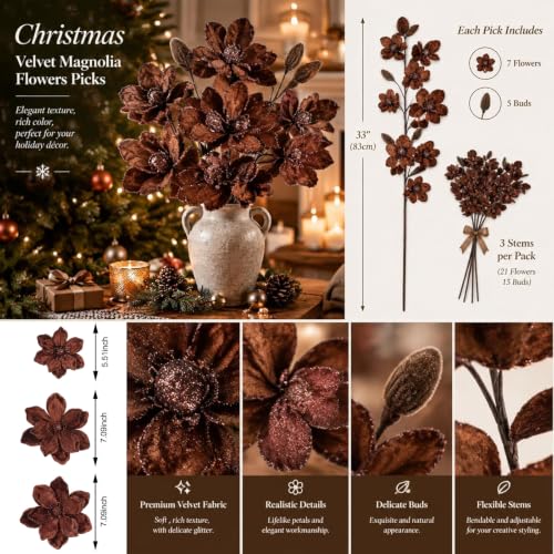 Brown Christmas Velvet Magnolia Flowers Picks 33 Inch Set of 3