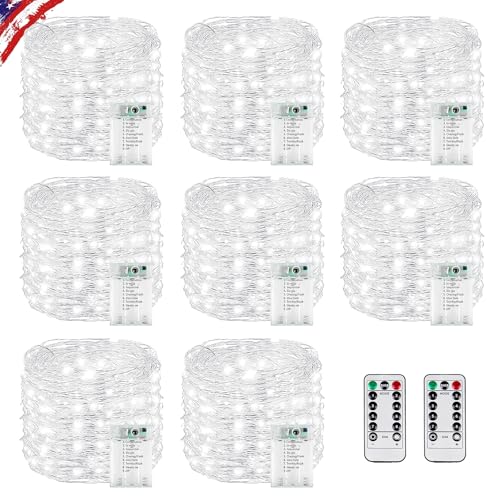 KAQ Cool White 8 Pack Battery Operated Fairy Lights with Remote, 480LED Twinkle String