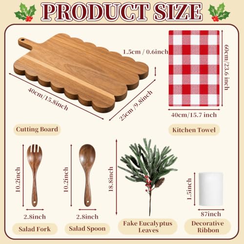 Willinglong 6 pcs Christmas Scalloped Acacia Wood Cheese Board Gift Set