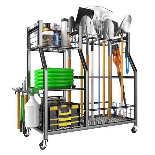 Large Garden Tool Organizer Stand - Heavy-Duty Metal Storage Rack with Wheels