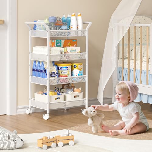 3IngSeagulls 4-Tier Baby Diaper Caddy Cart with Wheels - White, Variation 1