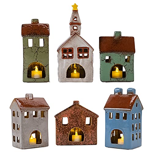 Mark Feldstein LED Village Houses & Church Figurines, 12 Pieces - Ceramic Lighted Decor Set