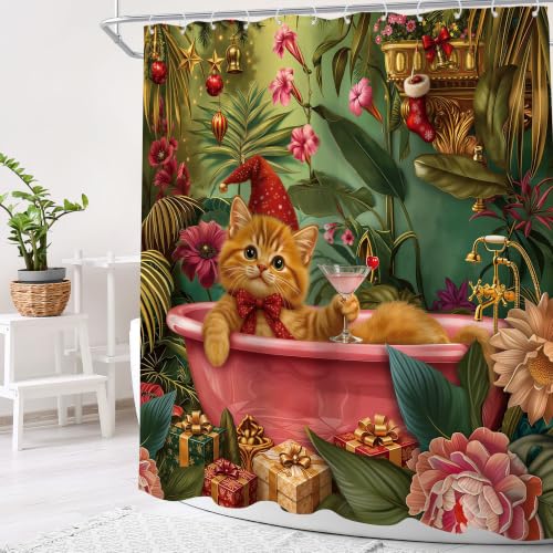 Cinbloo Christmas Cat Shower Curtain Set 72x72 inches Red & Green, Holiday Bathroom Decor