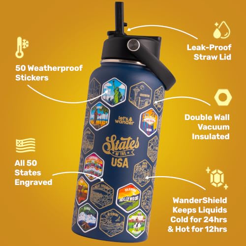 50 States Water Bottle with Sticker Design - 32oz Insulated Stainless Steel with Straw