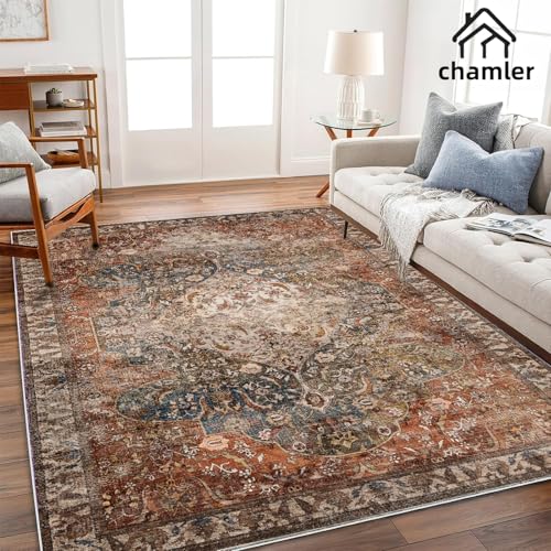 6x9 Washable Boho Medallion Area Rug - Red Blue Flowers, Non-Shedding, Easy Care, High Traffic