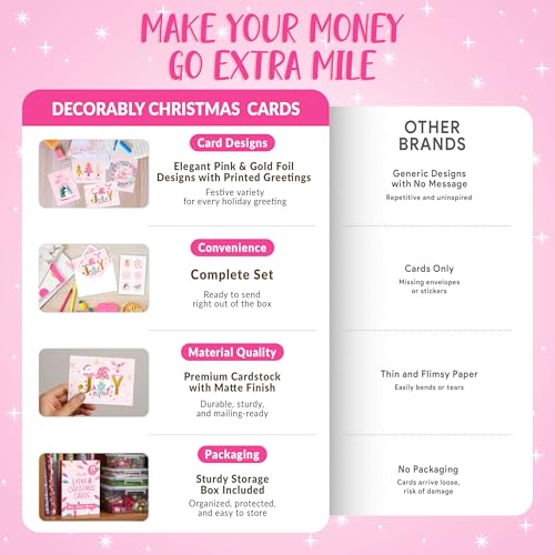 Pink Foiled Christmas Cards 24-Pack with Envelopes 6x4in