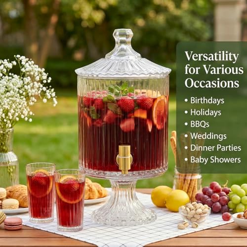 2.2 Gallon Clear Crystal Ribbed Glass Drink Dispenser with Stand & Gold Spigot