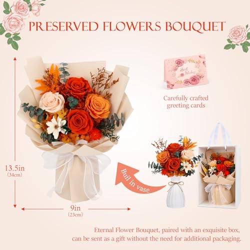 Preserved Orange Roses Bouquet - Long-Lasting Real Flower Arrangement with Vase