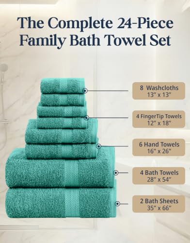 LANE LINEN 24-Piece Cotton Bath Towel Set - Teal, Quick Dry & Ultra Soft