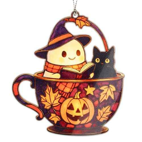 Cute Ghost Halloween Ornament ? halloween ornament ? ghost gifts ? black cat decor ? holiday ornament ? Suncatcher effect window hanging ? Car Hanging