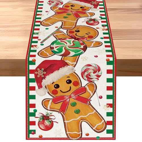 Gingerbread Candy Cane Christmas Table Runner, Christmas Runner for Table, Seasonal Winter Kitchen Dining Table Decoration for Home Party Decor 13x72 Inch
