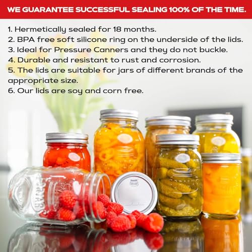 Wide Mouth Canning Lids 100-Pack - Airtight Food Storage Metal Lids with Silicone Seals - Fits Ball Mason Jars