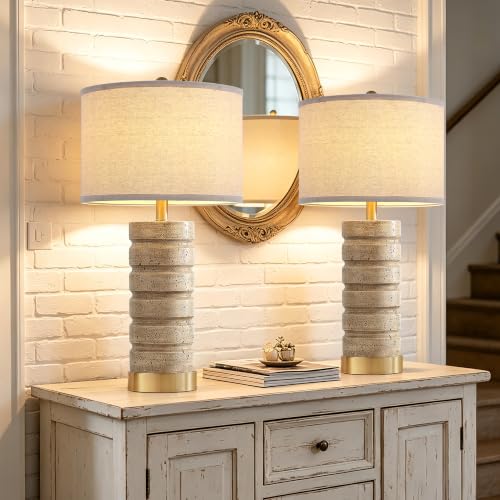 AIEAMPDO 26-Inch Set of 2 Travertine Resin Table Lamps with Brass Bases - Warm Beige