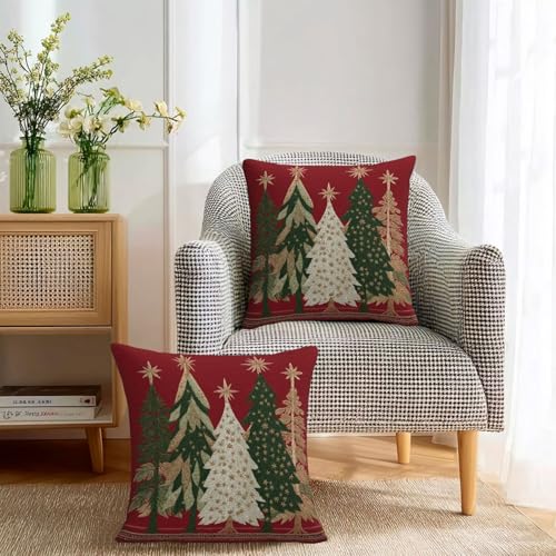 KiuLoam Red Christmas Pillow Covers 20x20 Set of 2 Gold Green Tree