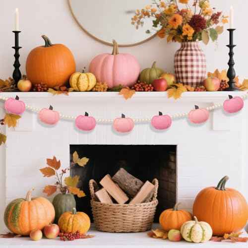 Fall Felt 3D Pumpkin Garland Pink Pumpkin Garland and Wood Bead for Fall Decor Autumn Decorations for Home Fall Pumpkin Banner for Mantle Home Wall Decor