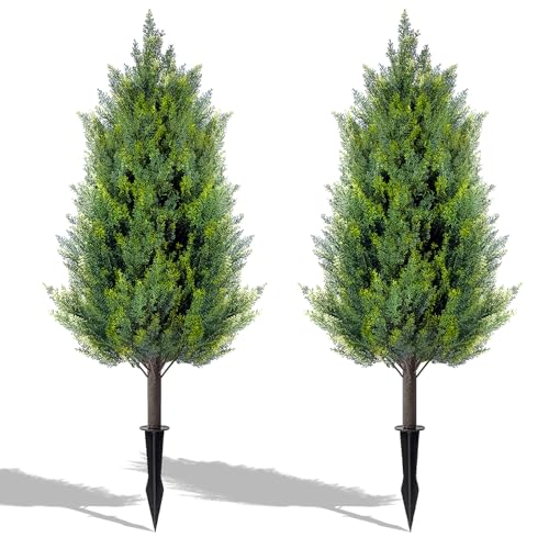 3FT Artificial Cedar Topiary Trees with Ground Spike - Realistic Faux Plants for Indoor Outdoor Porch Garden Set of 2 - Evergreen UV Resistant