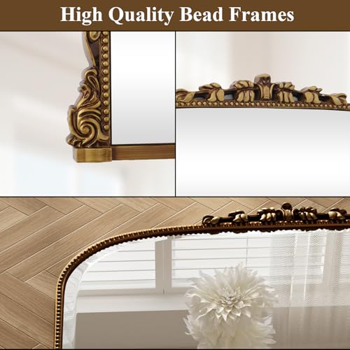 Vintage Gold Beaded Wall Mirror 27 x 36 Inch Arched Top Frame - Horizontal & Vertical Hanging