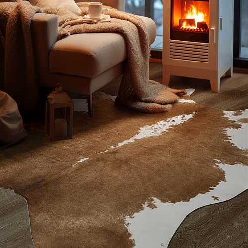 BENRON Faux Cowhide Rug Caramel 4'7 x 5'2 Irregular - Cow Print Rug for Living Room Bedroom