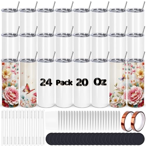 24 Pack 20oz Sublimation Tumblers Bulk Stainless Steel with Lid & Straw - Individually Boxed