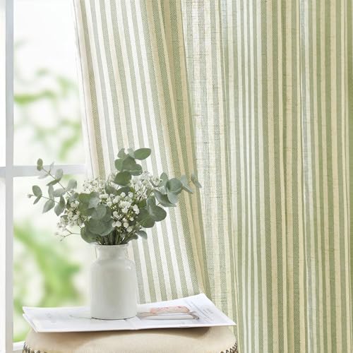Jinchan Linen Curtains 50W x 84L Sage Green Stripe Grommet Panel Set - Farmhouse Style