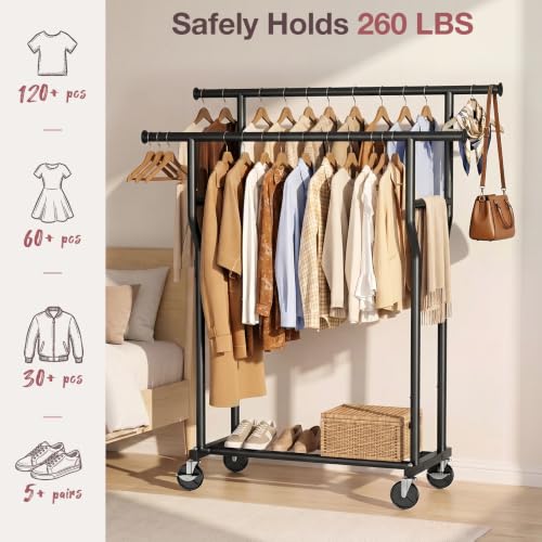 WATIOWL Black Double Rod Clothes Rack - Heavy Duty Portable Garment Storage with Wheels