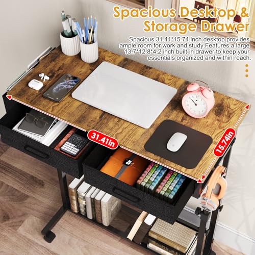 Rustic Brown Small Rolling Standing Desk with 2 Fabric Drawers & Storage Shelf - Height Adjustable Mobile Workspace for Home Office & Small Spaces