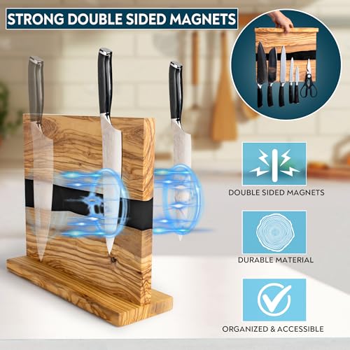 Black Olive Wood Magnetic Knife Block Stand - Holds 18 Knives & Kitchen Tools