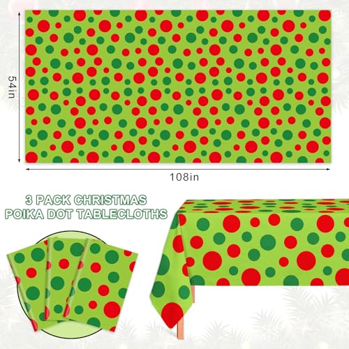 3Pcs Christmas Disposable Tablecloth Red Green Polka Dot Table Cover Rectangle Plastic Table Cloth for Xmas Party Decoration, 54 x 108 Inch