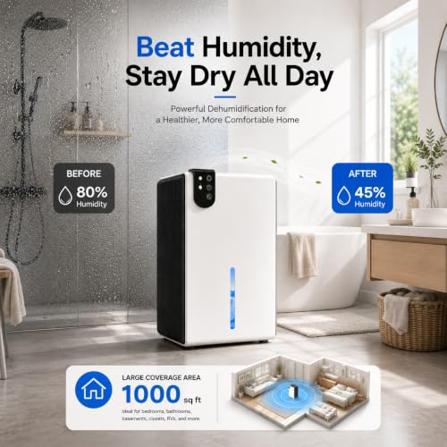 WoEleLigt 98 OZ Small Dehumidifier for Up to 1000 Sq Ft, Quiet with Drain Hose & Night Light - White Black