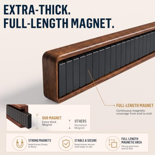Brown 16-Inch Acacia Wood Magnetic Knife Holder with 4 Hooks - Wall Mount