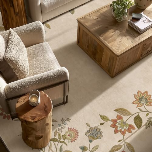8x10 Edge Floral Cream Brown Washable Area Rug Non Slip Living Room Carpet
