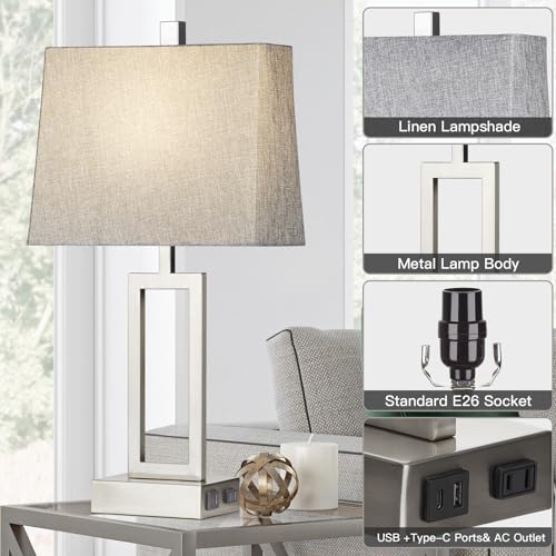 23.5-Inch Silver Touch Control Table Lamps Set of 2 with USB & Power Outlet