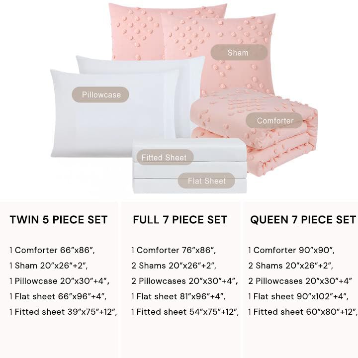 Pink Twin Comforter Set for Girls - Pom Tufted Bed in a Bag, 5 Pieces, Dot Pink Variation