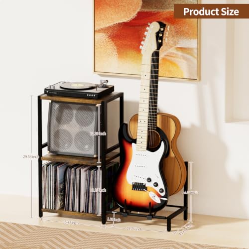 YAKANJ End Table with Guitar Stand and Vinyl Record Storage - Brown