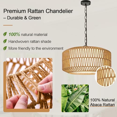 Bohemian 19-Inch Rattan Chandelier with 5 Lights - Farmhouse Dining Light Fixture