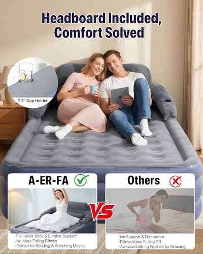 Queen Air Mattress with Detachable Headboard & Cup Holders - 20 Inch, 700lbs Capacity