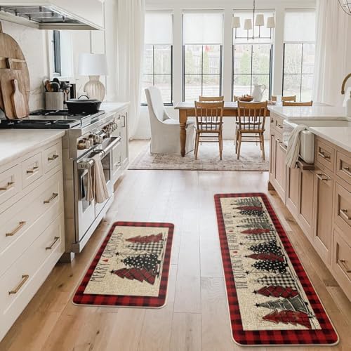 Artoid Mode Red Buffalo Plaid Xmas Tree Kitchen Mats Set of 2, 17x29 & 17x59 Inches