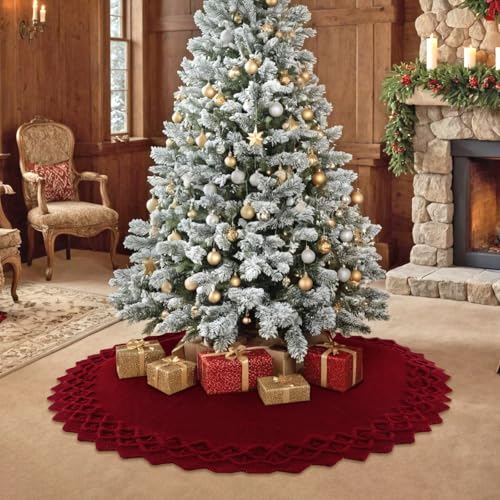 TOCHGREEN Red Knitted Christmas Tree Skirt 48 Inch Rustic Holiday Decor