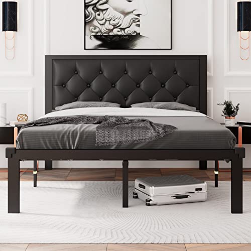 Full Size Metal Bed Frame with Faux Leather Button Tufted Headboard - Black, 12-Inch Storage